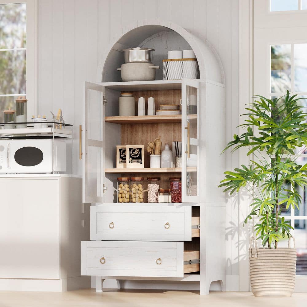 Ximuprmy Modern 30 in. W 16 in. D 71 in. H Wood Arched Freestanding Linen Cabinet with Glass Door and 2-Drawers (2)