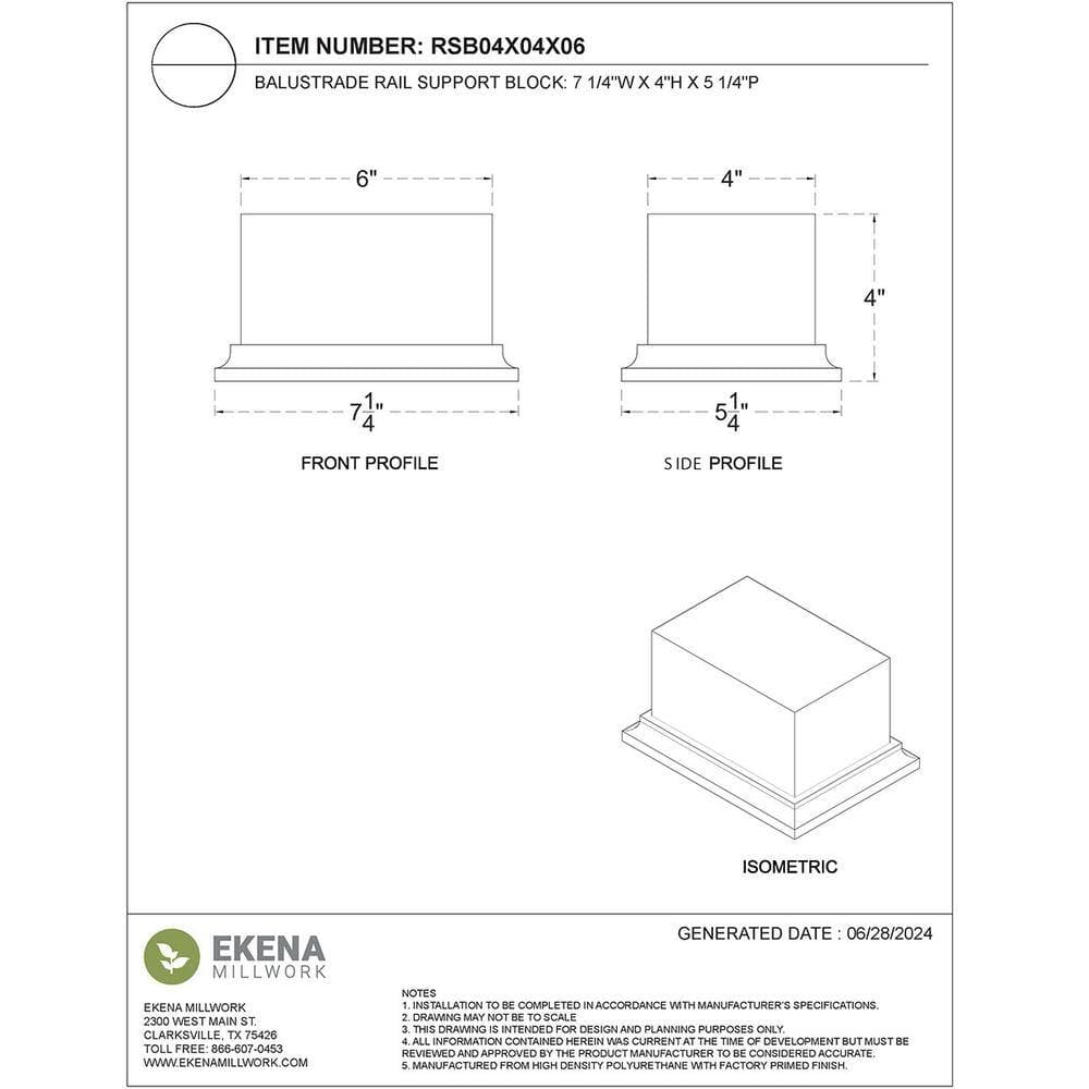 Ekena Millwork Balustrade Rail Support Block 4 in. H x 7.25 in. W White Resin Stair Railing Kit (2)