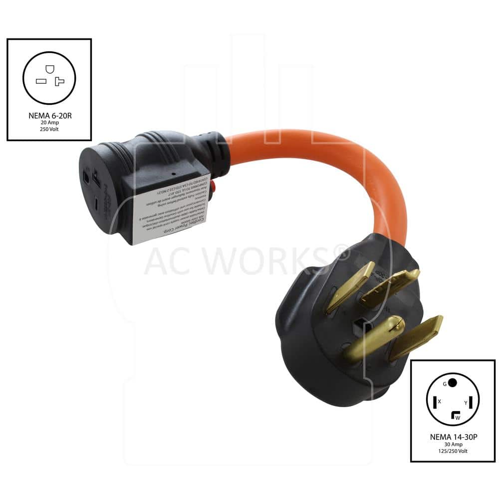 AC WORKS 1 ft. 30 Amp 4-Prong 14-30P Dryer Plug to 6-15/20 Outlet with 20 Amp Breaker (2)