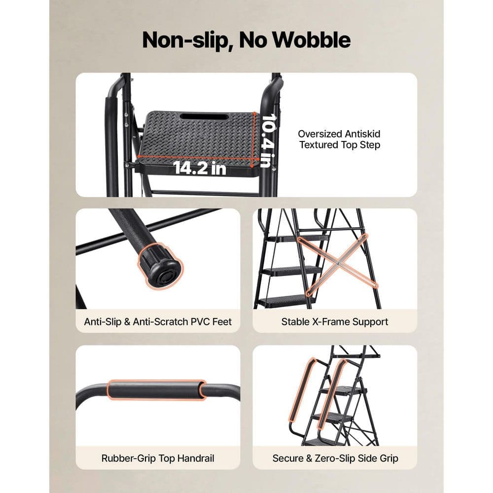 VEVOR 5 Step Ladder, Folding Step Stool with Wide Anti-Slip Pedal, Tool Tray, Dual Side Handrails, 600 lbs. Load Steel Ladder (3)