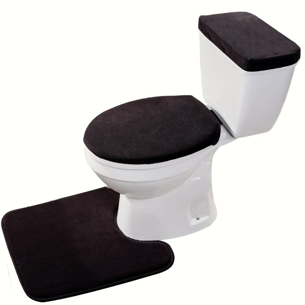 Unbranded 3-Piece Velvet Memory Foam Toilet Contour Mat Set with Tank Cover and Toilet Lid Cover in Black (2)
