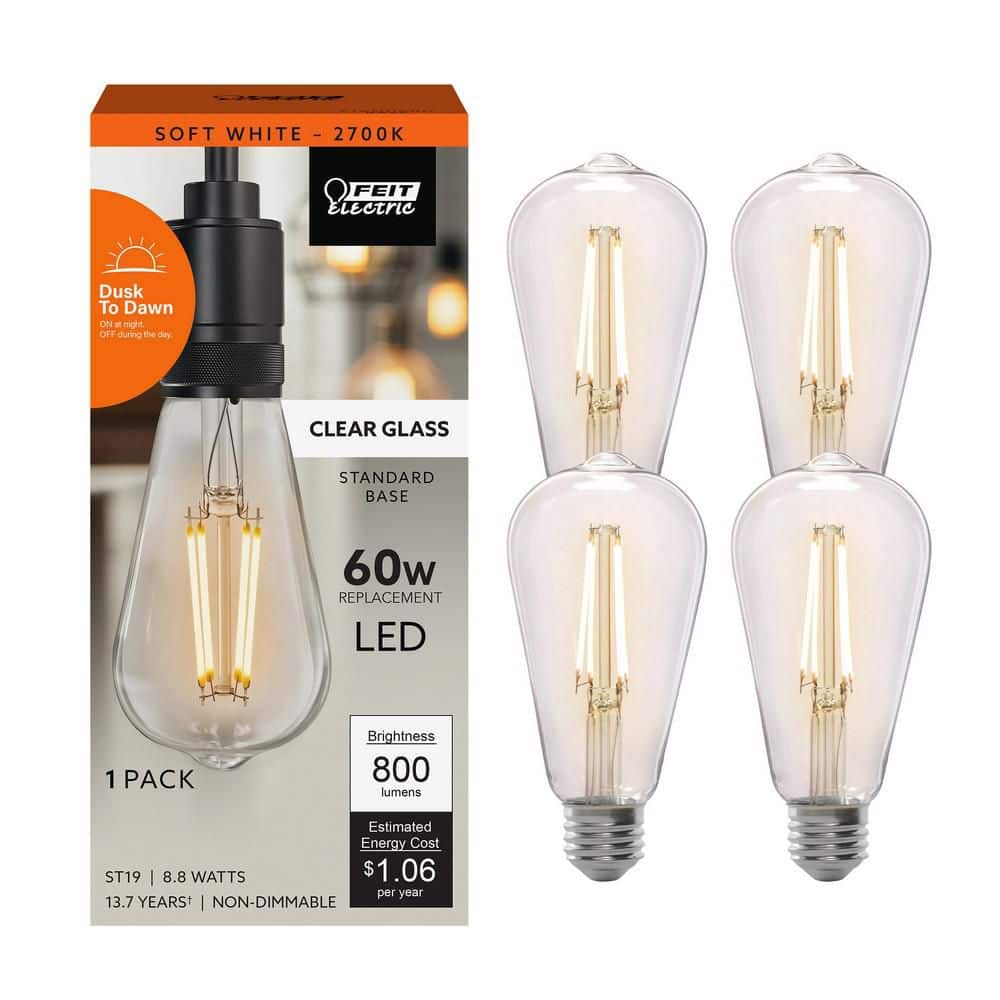 Feit Electric 60-Watt Equivalent ST19 Straight Filament Dusk to Dawn Clear Glass E26 Vintage Edison LED Light Bulb Soft White (4-Pack)