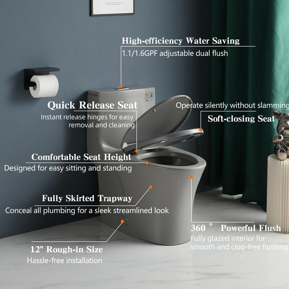 Abruzzo Elite 1-Piece Toilet 1.1 GPF/1.6 GPF Dual Flush Elongated Toilet 17-3/8 in. ADA Comfort Height Toilet in Light Grey (3)