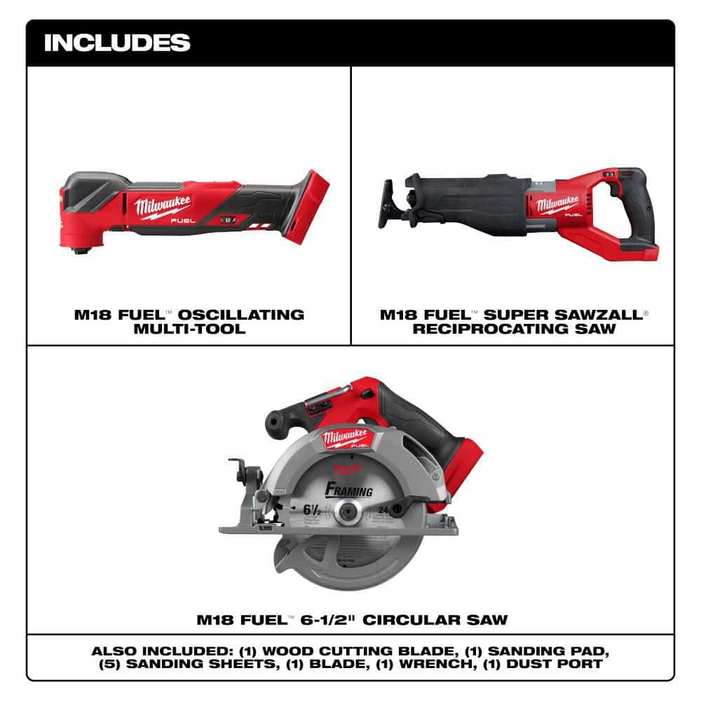 Milwaukee M18 FUEL 18V Lithium-Ion Cordless Brushless Oscillating Multi-Tool, SAWZALL Recip Saw, & 6-1/2 in. Circular Saw (2)