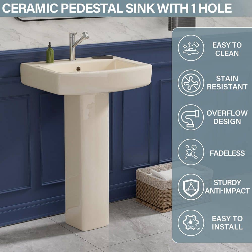 Kuomih 22 in. W x 17.5 in. D in Bone Vitreous China Rectangular Pedestal Bathroom Sink Combo with 1 Faucet Hole and Overflow (3)