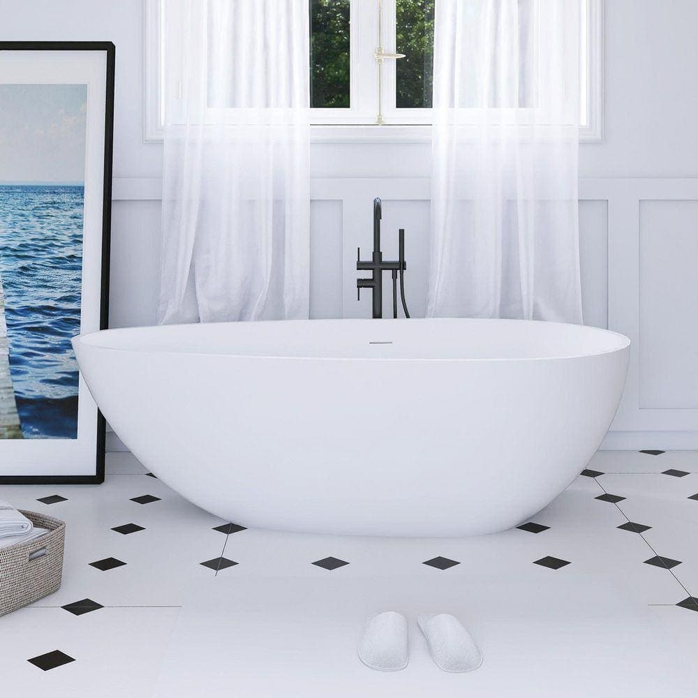 JimsMaison 67 in. Solid Surface Stone Resin Freestanding Flatbottom Soaking Bathtub with Center Drain in Matte White