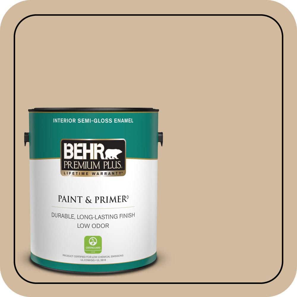 BEHR PREMIUM PLUS 1 gal. #S280-3 Practical Tan Semi-Gloss Enamel Low Odor Interior Paint & Primer