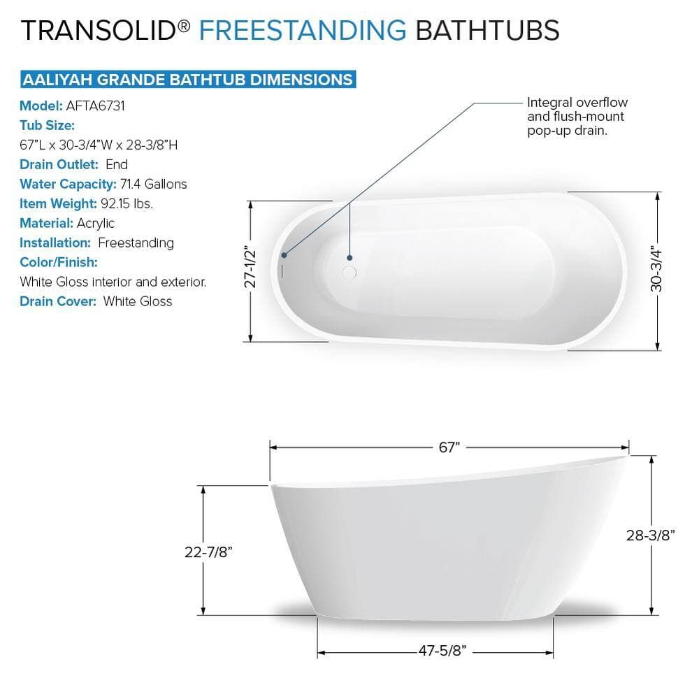 Transolid Aaliyah Grande 67 in. x 30.75 in. Soaking Bathtub with Reversible Drain in Gloss White/Matte Black with Faucet, Pillow (3)