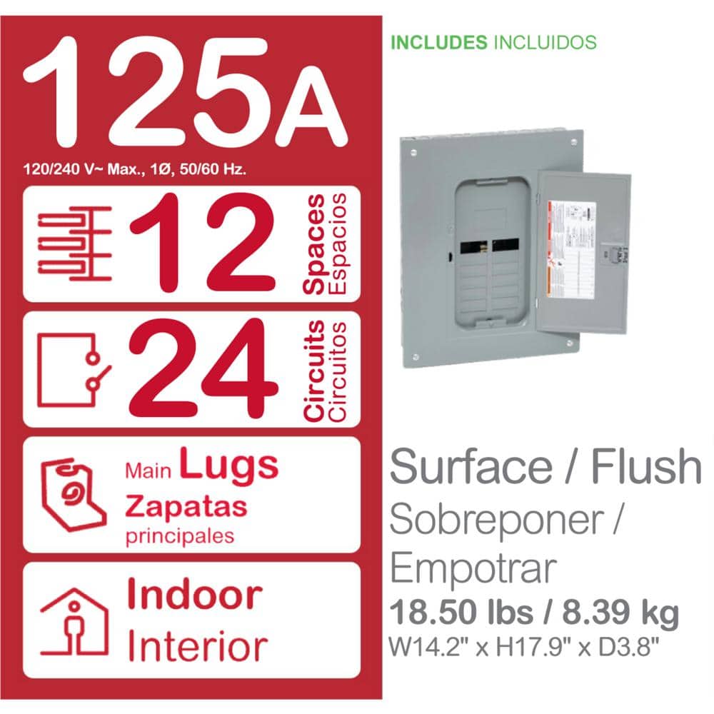 Square D Homeline 125Amp 12-Space 24-Circuit Indoor Main Lug plug on neutral Electrical Panel w/Cover,Ground Bar HOM1224L125PGCVP (3)