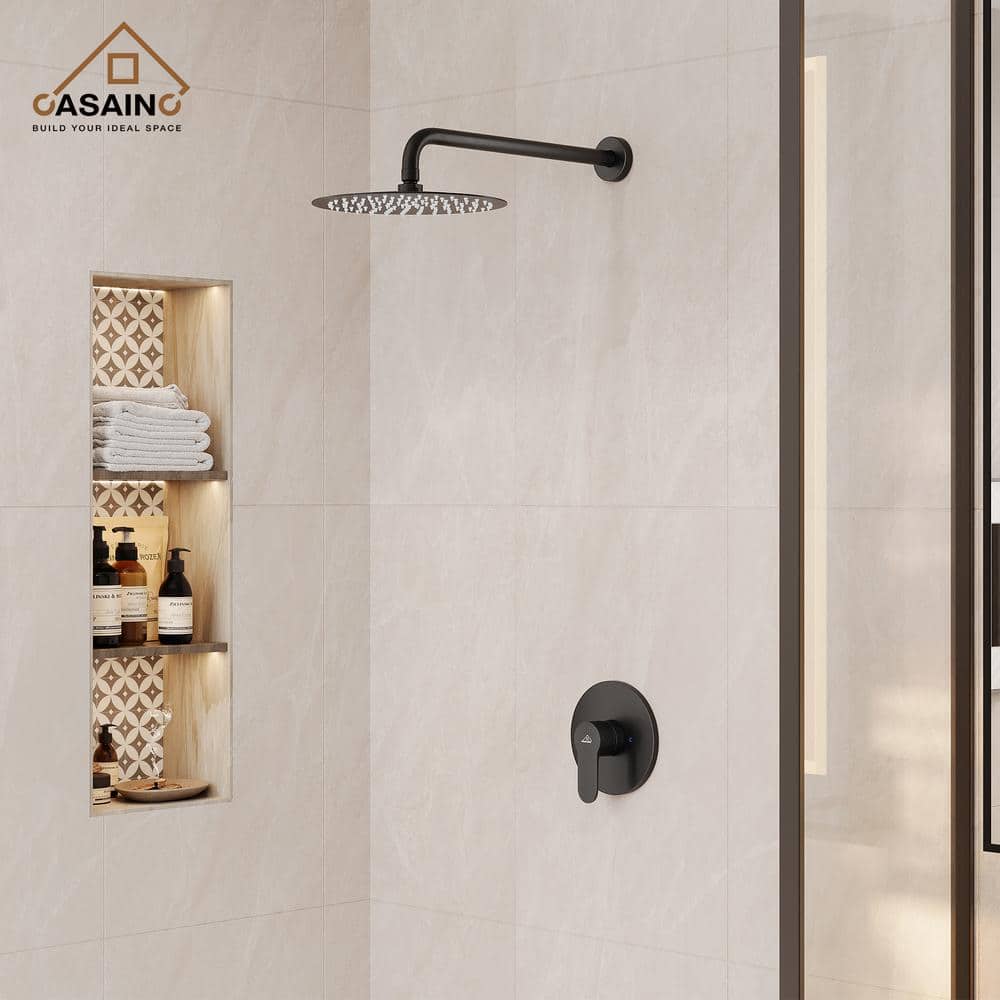CASAINC 1-Spray Patterns with 1.8 GPM 10 in. Wall Mount Round Fixed Shower Head in Matte Black (Valve Included) (2)