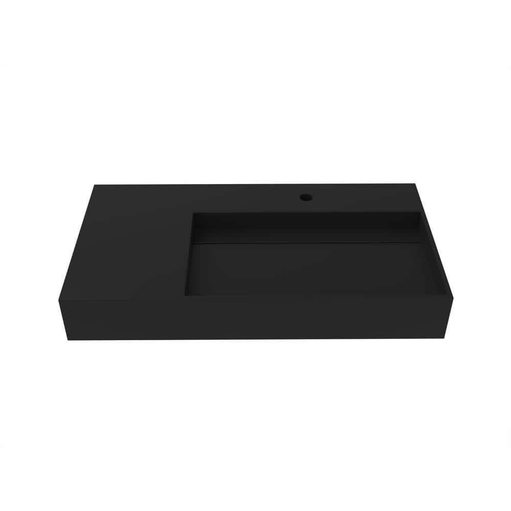 castellousa Juniper 36 in. Wall Mount Solid Surface Right Side Basin Rectangle Bathroom Sink in Matte Black