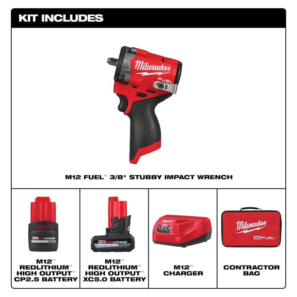 Milwaukee M12 FUEL 12V Li-Ion Brushless Cordless Stubby 3/8 in. Impact Wrench Kit w/ 5.0Ah, 2.5Ah High Output Batteries & Inflator (2)
