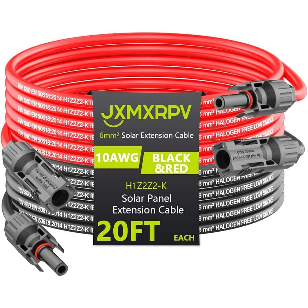Vrbgify 20 ft. 10AWG Solar Wire Extension Cable with Tool-Free Solar Connectors and Waterproof Panel Cable (1)