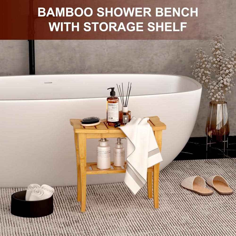 Adrinfly 15.7 in. Waterproof Bamboo Shower Bench Stool with Storage Shelf for Adults, Elderly in Brown (3)