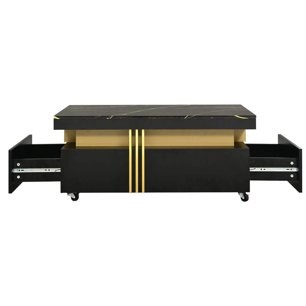 Unbranded 39.3 in. W x 19.6 in. D x 17.5 in. H Black Wood Linen Cabinet with Cocktail Coffee Table, Wheels and Faux Marble Top (1)