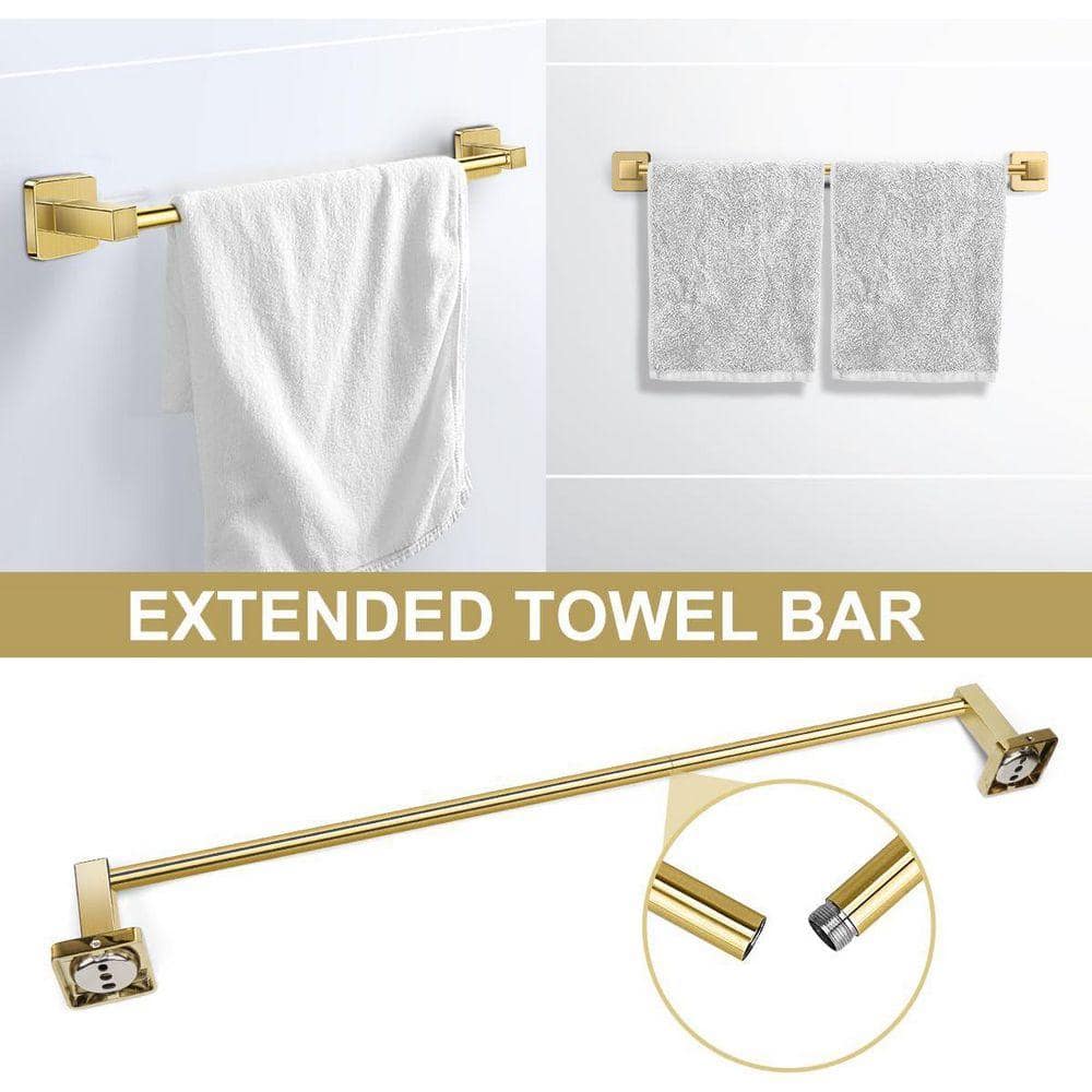 Unbranded 4-Piece Wall-Mounted Bath Hardware Set with 24 in. Towel Bar, Towel Ring, Robe Hook and Toilet Paper Holder in Gold (2)