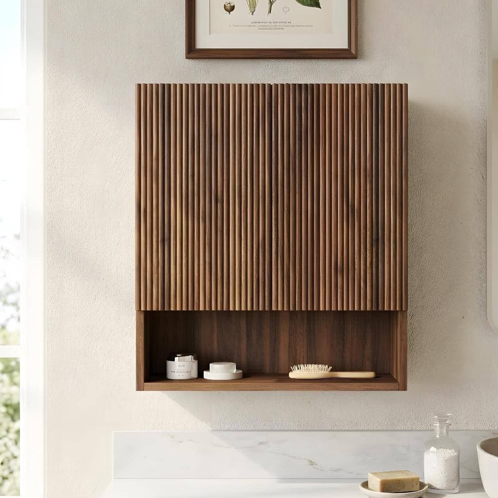 Zuvandra 25.98"W x 7.87"D x 29.53"H Plywood Bathroom Wall Cabinet in Dark Walnut,Open Shelf (2)