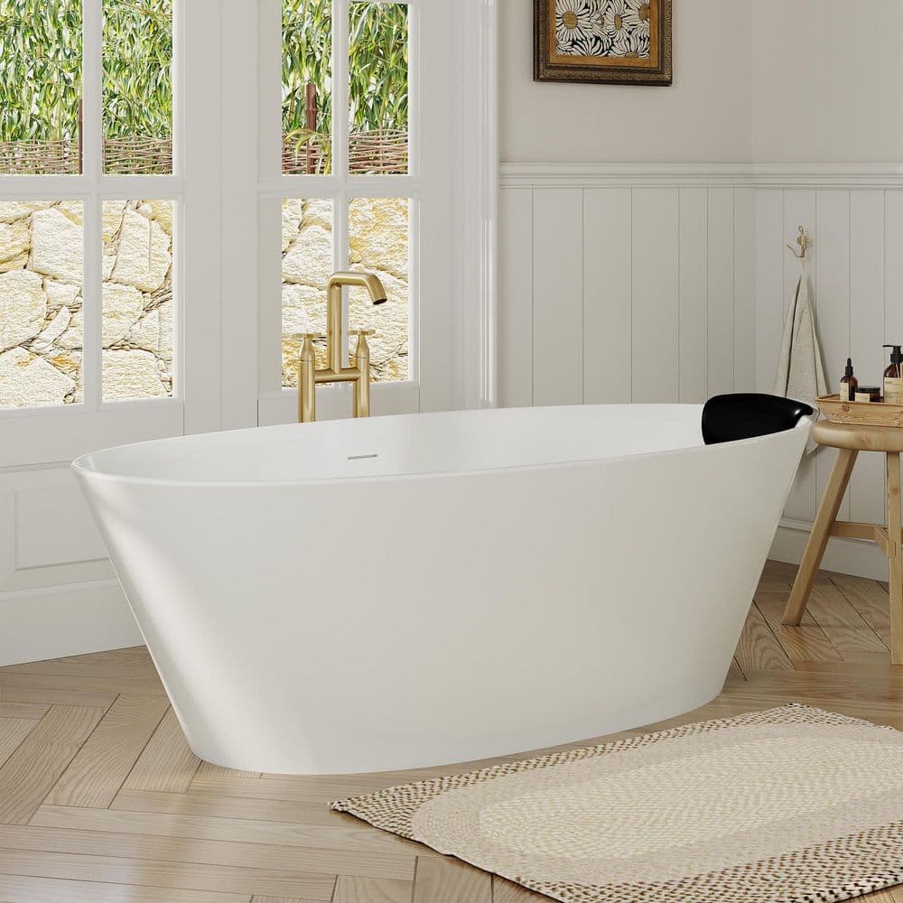 Boyel Living 67 in. x 34 in. Solid Surface Soaking Bathtub with Center Drain and Black Pillow in Matte White (2)