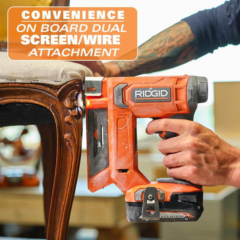 RIDGID 18V Cordless 3/8 in. Crown Stapler Kit with 2.0 Ah Battery and Charger (4)