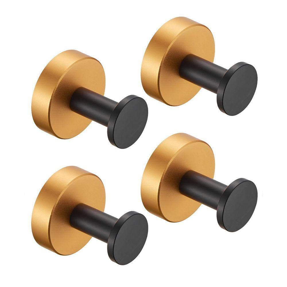 Tileon 4-Pack Black Gold Aluminum Wall-Mounted Knob Robe/Towel Hook, Wall Hanging Hook with Round Base for Bathroom Kitchen (1)