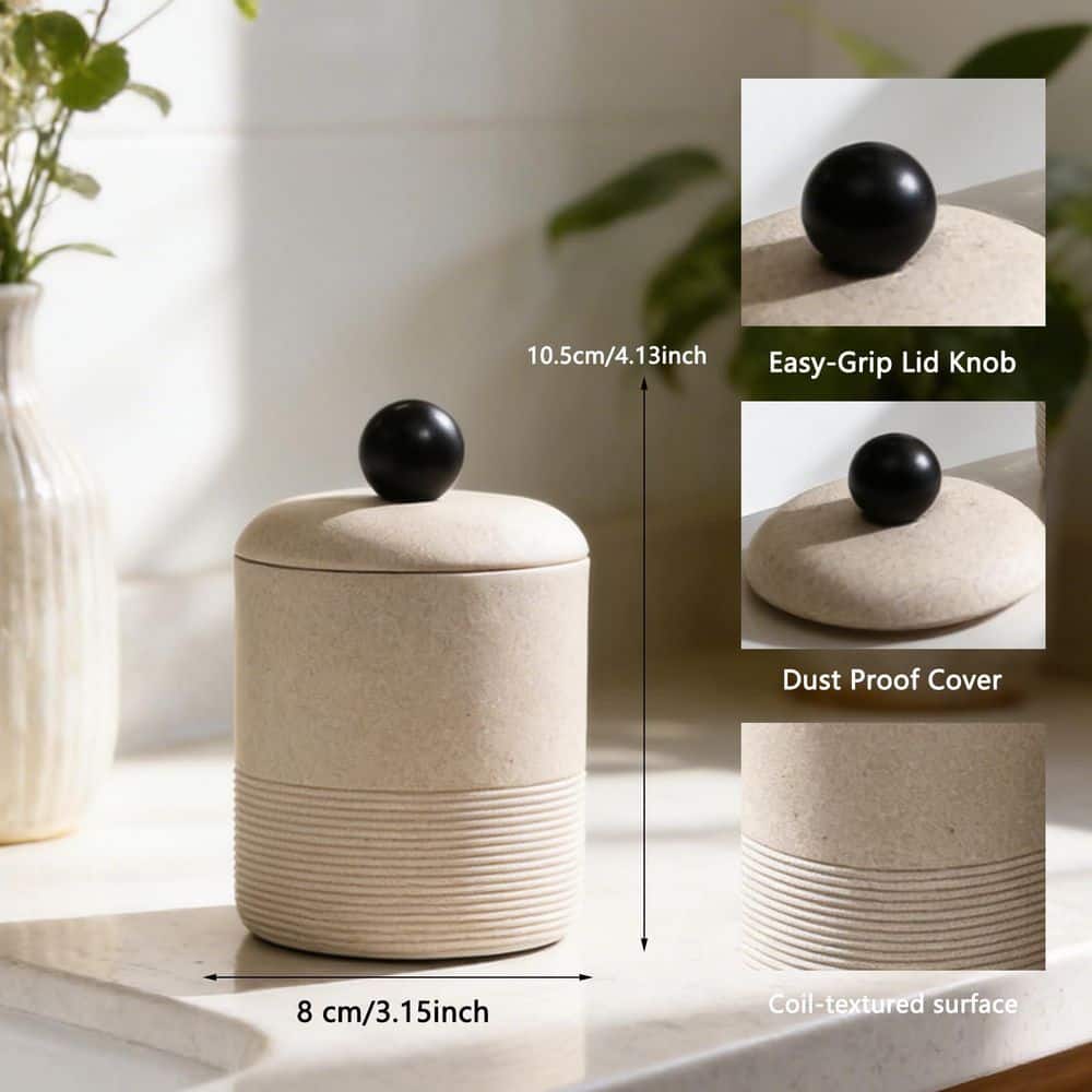 KHKFY Resin Lidded Cotton Swab Storage Container for Bathroom Vanity, Holds Q-Tips and Makeup Pads, Beige Qtip (2)