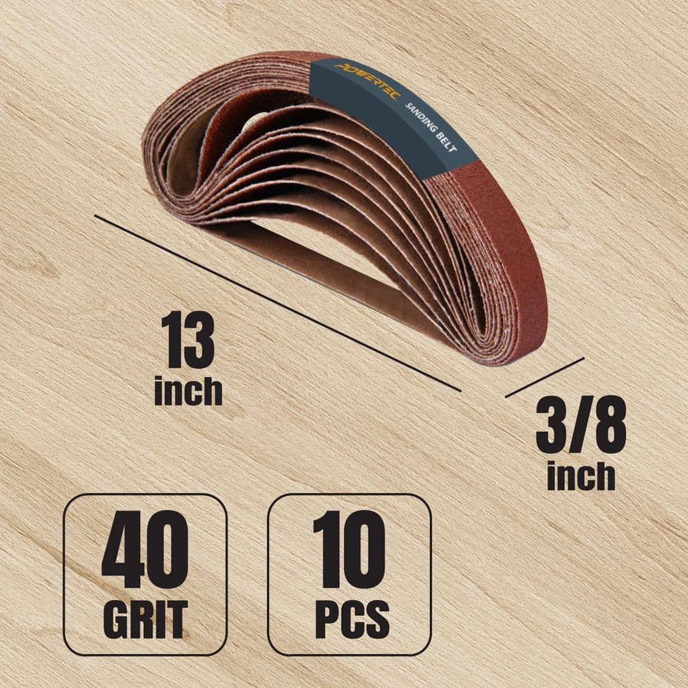 ‎POWERTEC 3/8 in. x 13 in. Sanding Belts, 40 Grit Belt Sander Sanding Belt, File Belts for Air Belt Sander (20-Pack) (3)