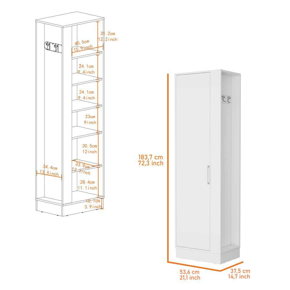 Amucolo 15.7 in. W x 12.3 in. D x 71 in. H White Tall Storage Linen Cabinet, Single Door with Broom Hangers (2)