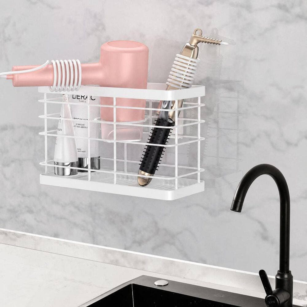 Anqtovp 10.62 in. Wall Mount Bathroom Hair Tool Organizer Hair Dryer, Curling Iron, Flat Iron, Brushes, Stainless Steel White (2)