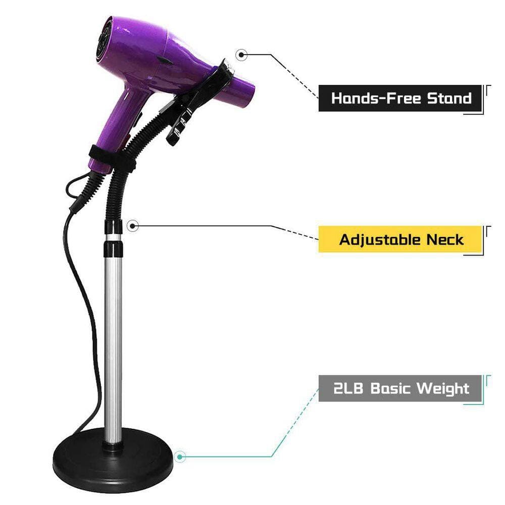 Wudkey Adjustable Height Hair Dryer Stand in Black, Hands Free Countertop Holder with Rotating, Heavy Stable Base Included (2)