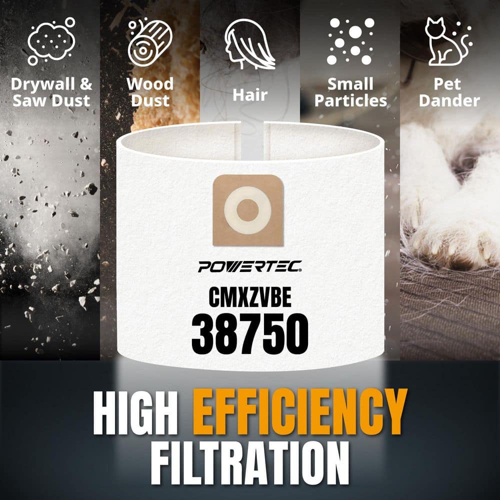 ‎POWERTEC Dust Collection Bags for Craftsman 38750 Shop Vacs, Replacement Filter Bag for 16-20 gal. CMXEVBE 17595/17607/18695,6PK (2)