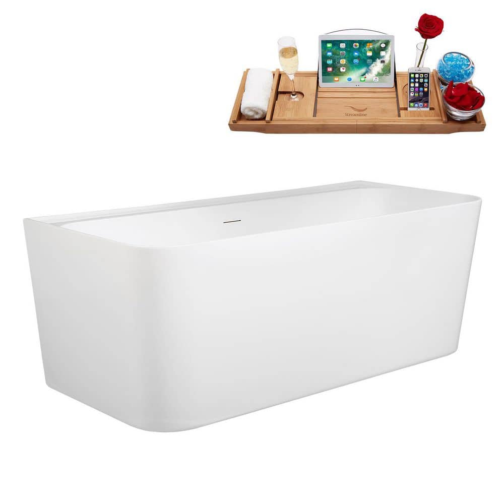 Streamline 55 in. x 30 in. Acrylic Freestanding Soaking Bathtub in Glossy White with Matte Black Drain, Bamboo Tray (2)