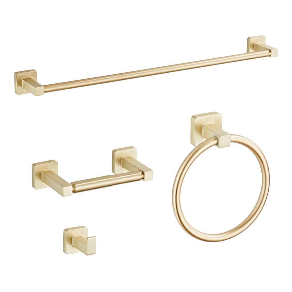 KHKFY Brushed Light Gold 4-Piece Bathroom Hardware Set, 23.6 in. Towel Bar, Ring, Hooks and Toilet Paper Holder (1)