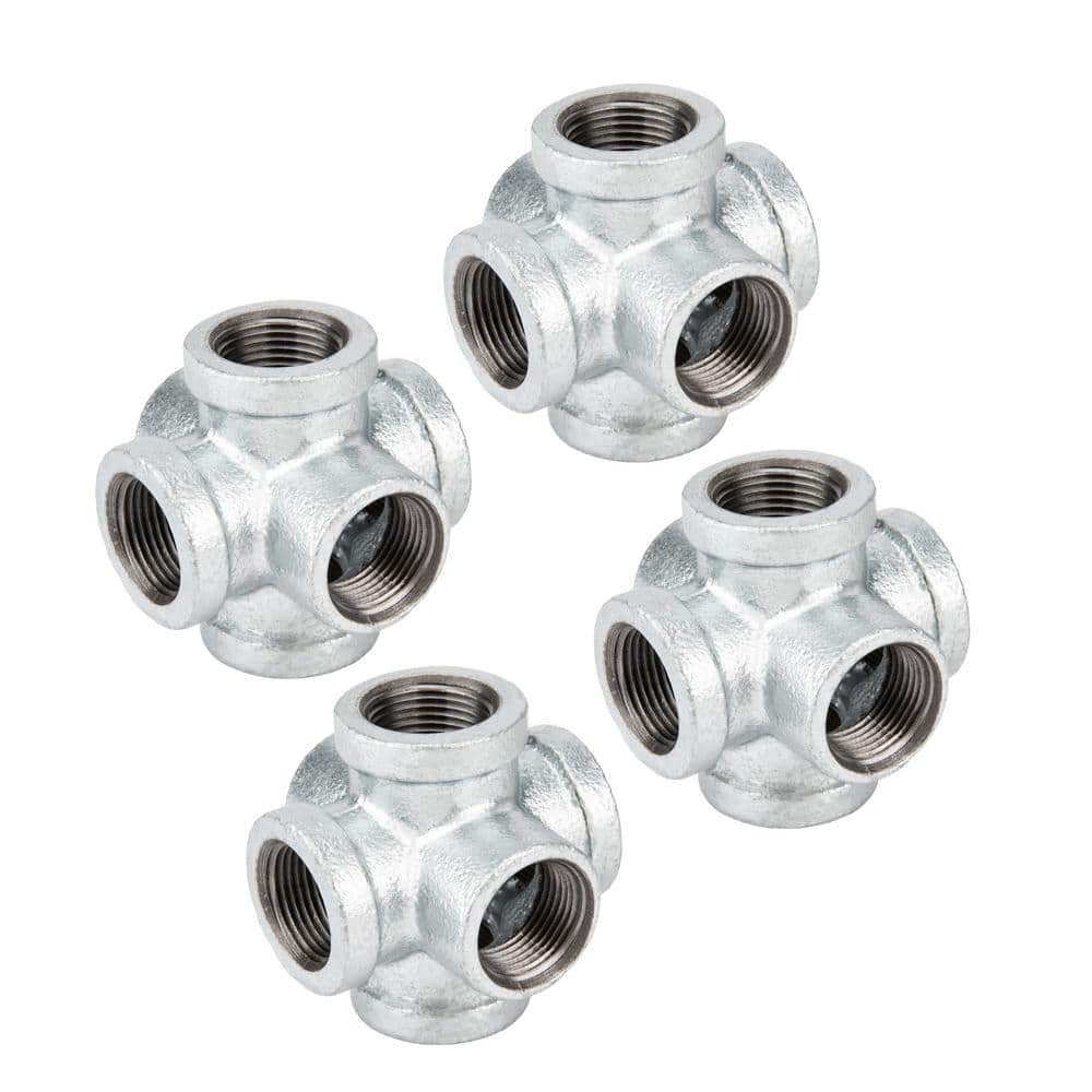 PIPE DECOR 3/4 in. 6-Way Galvanized Iron Cross with Side Outlet Fitting (4-Pack) (1)