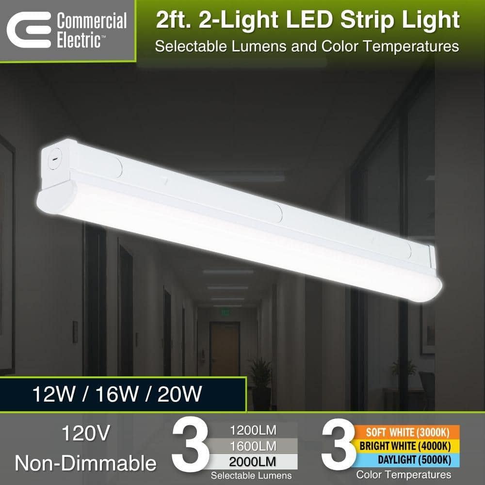 Commercial Electric 1-Pack 2 ft. 2-light 1200/1600/2000 Lumens Integrated LED White Strip Light Fixture, Selectable CCT, Garage Utility (4)