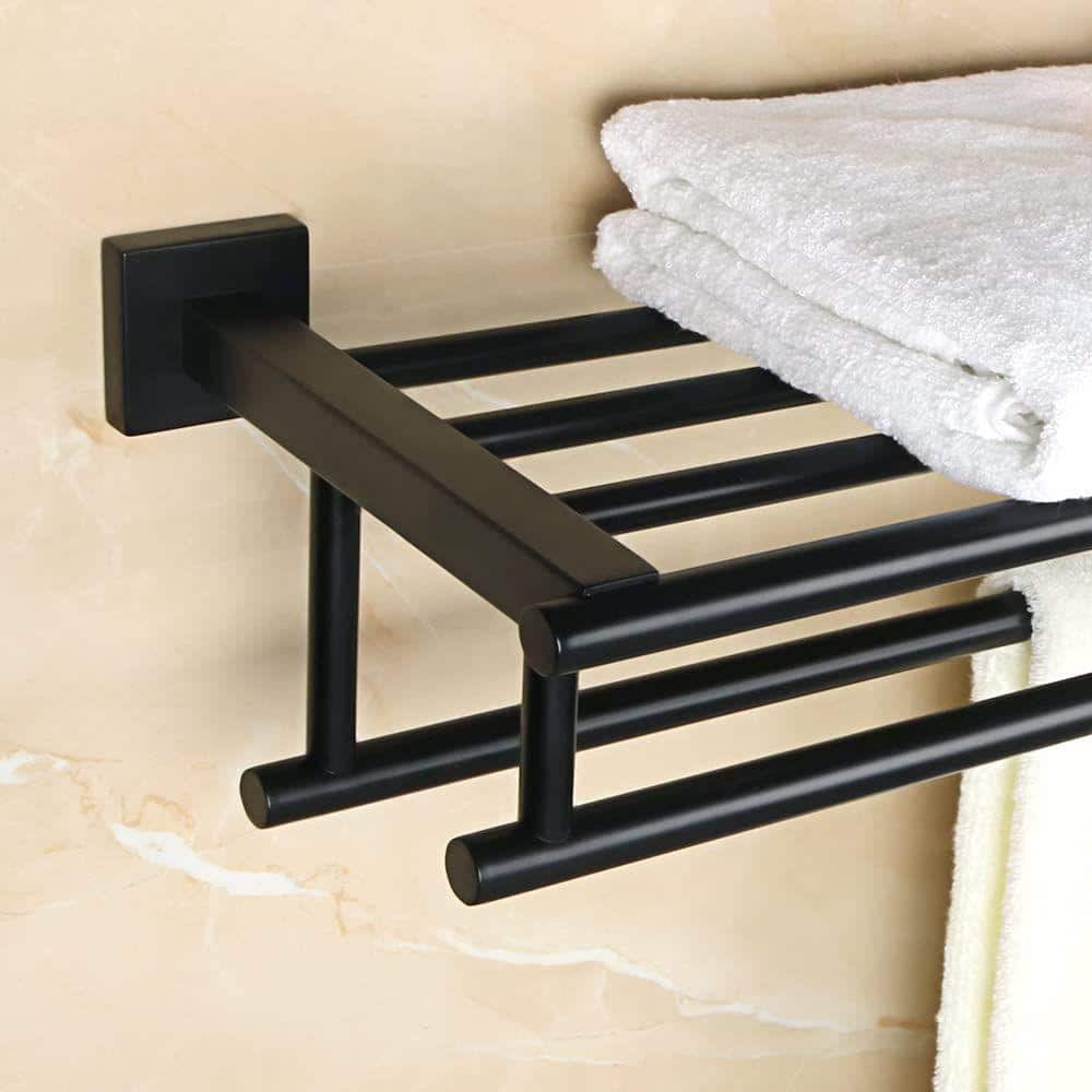 Dracelo 24 in. Wall-Mounted Lavatory 304 Stainless Steel Towel Rack with 2 Towel Bars in Matte Black Finish (3)