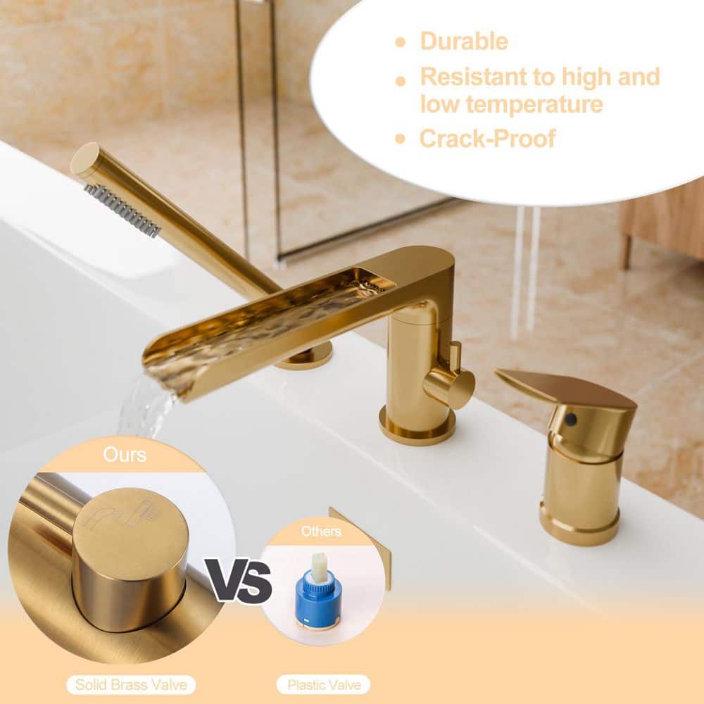 WOWOW Single-Handle Deck-Mount Roman Tub Faucet with Hand Shower in Gold (3)