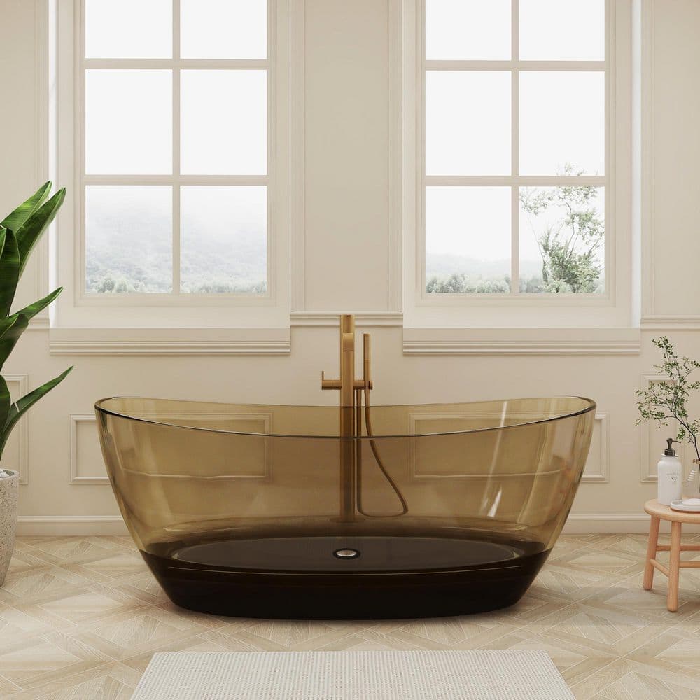 SJ STAR&JANE 65 in. x 33 in. Solid Surface Freestanding Bathtub Stone Resin Soaking Tub in Transparent Sepia (1)