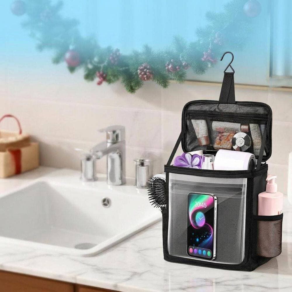 Unbranded Matte Black Portable Hanging Shower Caddy Toiletry Bag Oxford Bath Organizer with Hook and Phone Compartment (3)