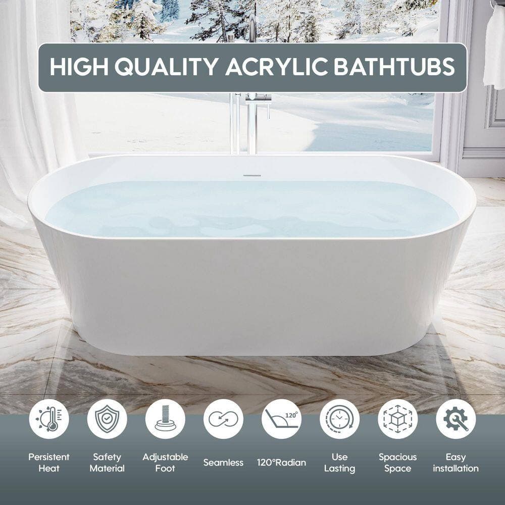 FORCLOVER 67 in. x 29 in. Freestanding Soaking Bathtub with Center Drain and Groove Overflow in White/Polished Chrome (3)