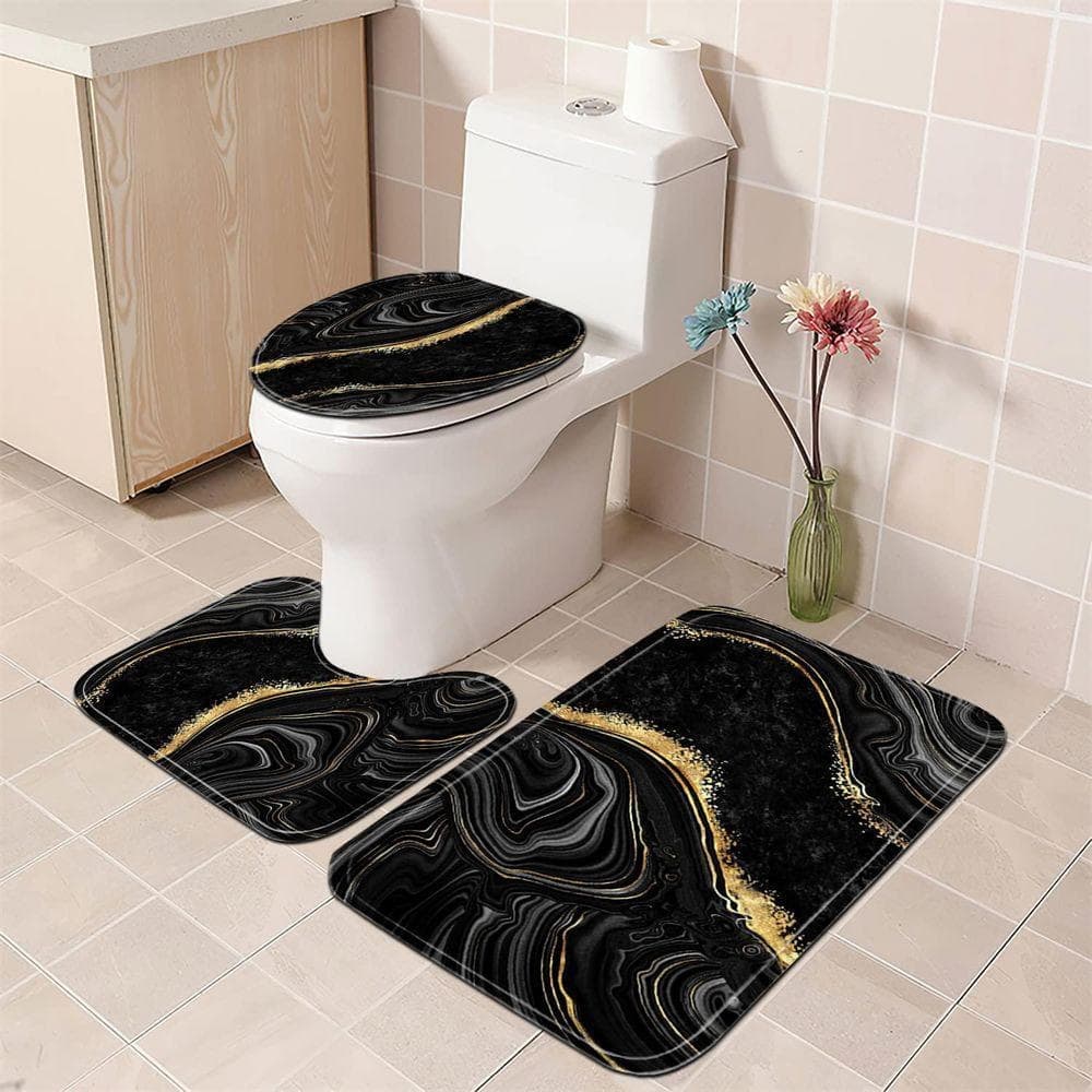 Unbranded 72 in. W x 72 in. L Polyester Shower Curtain with Black Marble and Gold Finish Includes Rugs and Toilet Lid Cover (3)