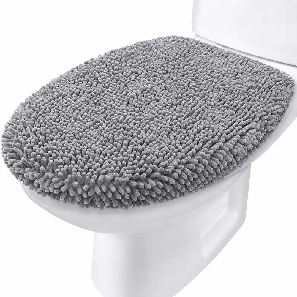 Unbranded 17.5 x 15 in. Soft Chenille Non-Slip Rubber-Backed Machine Washable Toilet Lid Cover Set in Gray