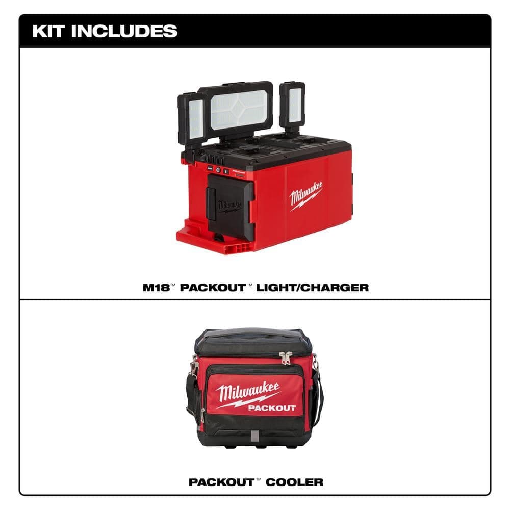 Milwaukee M18 18-Volt Lithium-Ion Cordless PACKOUT 3000 Lumens LED Light with Built-In Charger w/15.75 in. PACKOUT Cooler Bag (2)