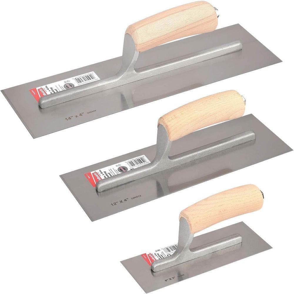 KIWDZFU 4 x 14 in. 4 x 12 in. 3 x 8 in. Carbon Steel Finishing Masonry Drywall Trowel Set with Wood Handle, 3-Pack (1)