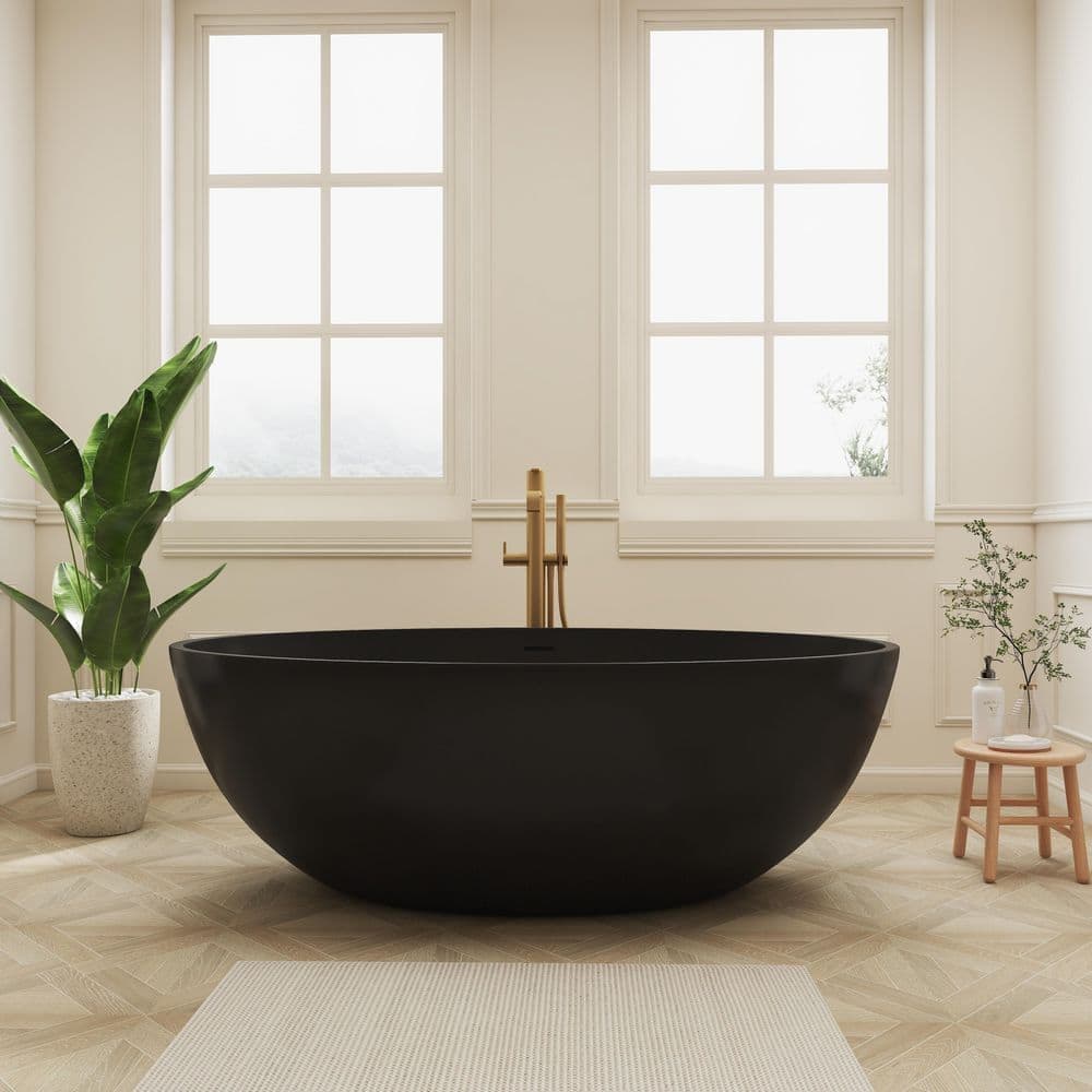 SJ STAR&JANE Oeno 67 in. x 39 in. Extra Wide Solid Surface Freestanding Soaking Bathtub Stone Resin Tub in Black