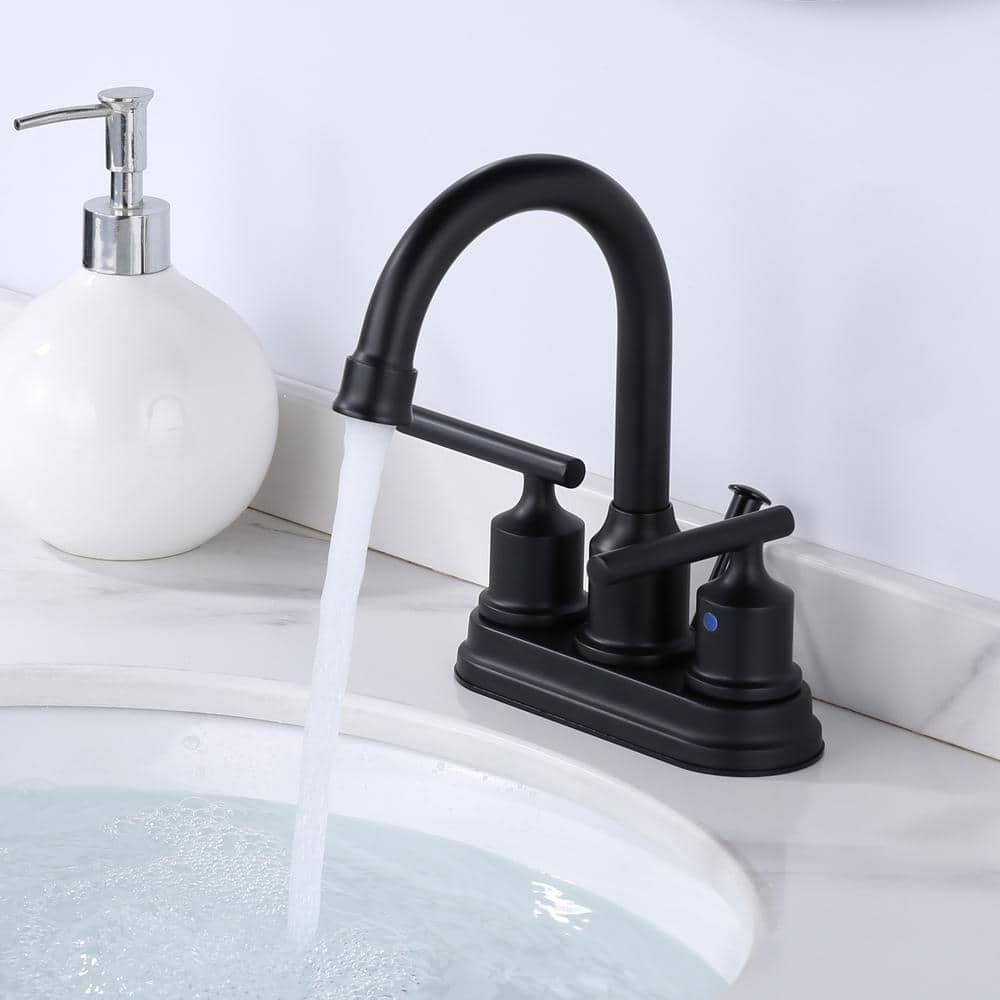 WOWOW 4 in. Centerset Double Handle High Arc Bathroom Faucet with Drain Kit Included in Matte Black (2)