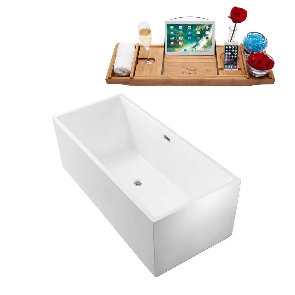 Streamline 66 in. Acrylic Flatbottom Non-Whirlpool Bathtub Glossy White with Brushed Nickel Drain and Overflow Cover (3)