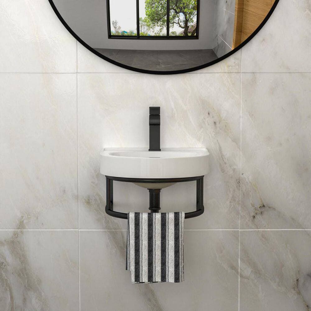 Unbranded Streamline 16 in. Wall-Mounted Bathroom Sink 14 in. White/Black Ceramic With 304 Stainless Steel Towel Bar and Faucet (3)