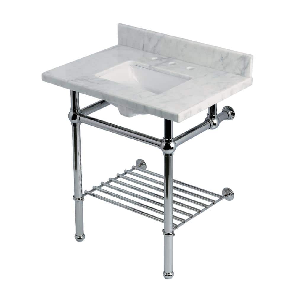 Kingston Brass Templeton 30 in. Marble Console Sink with Brass Legs in Carrara Marble/Polished Chrome