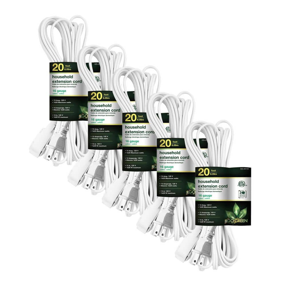 GoGreen Power 20 ft. 16/2 Indoor Household Extension Cord 3-Outlet White (5-Pack) (1)