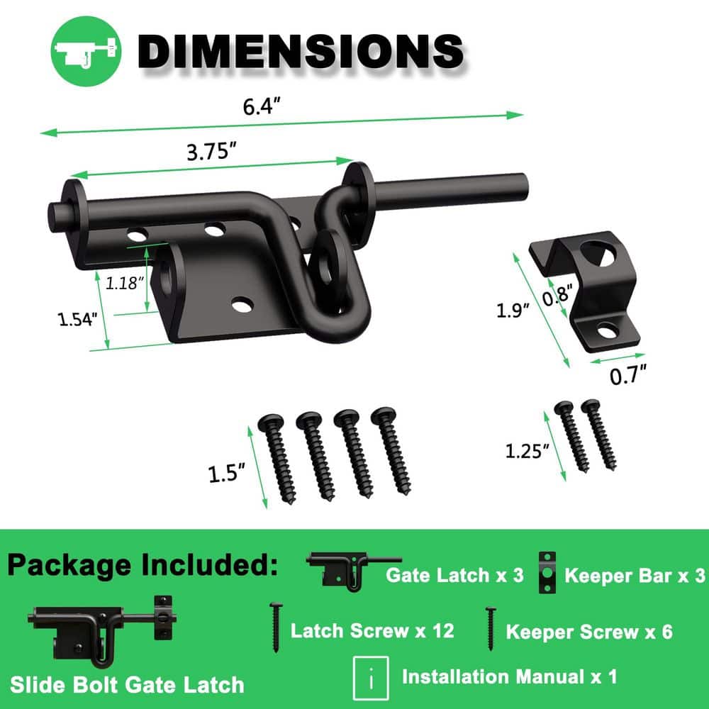 Unbranded Powder Coated Steel Slide Bolt Gate Latch with Padlock Hole, Dual Mode Flush or Offset Mount, Black, 3-Pack (2)